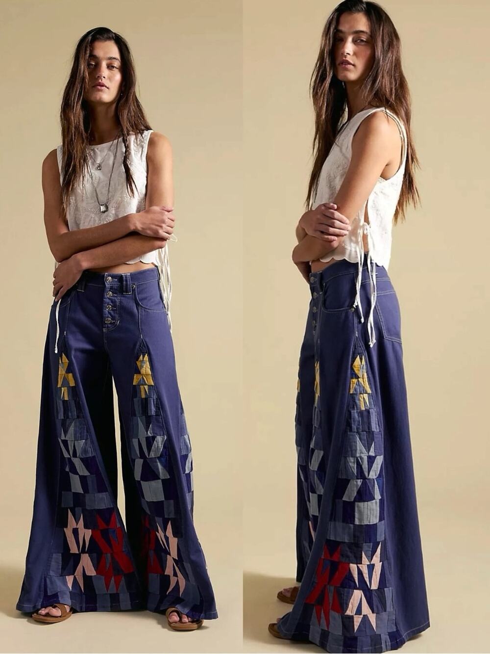 Free People Bohemian Retro 70s Kaleidoscope Patchwork Wide Leg Jeans Size 30 NWT
